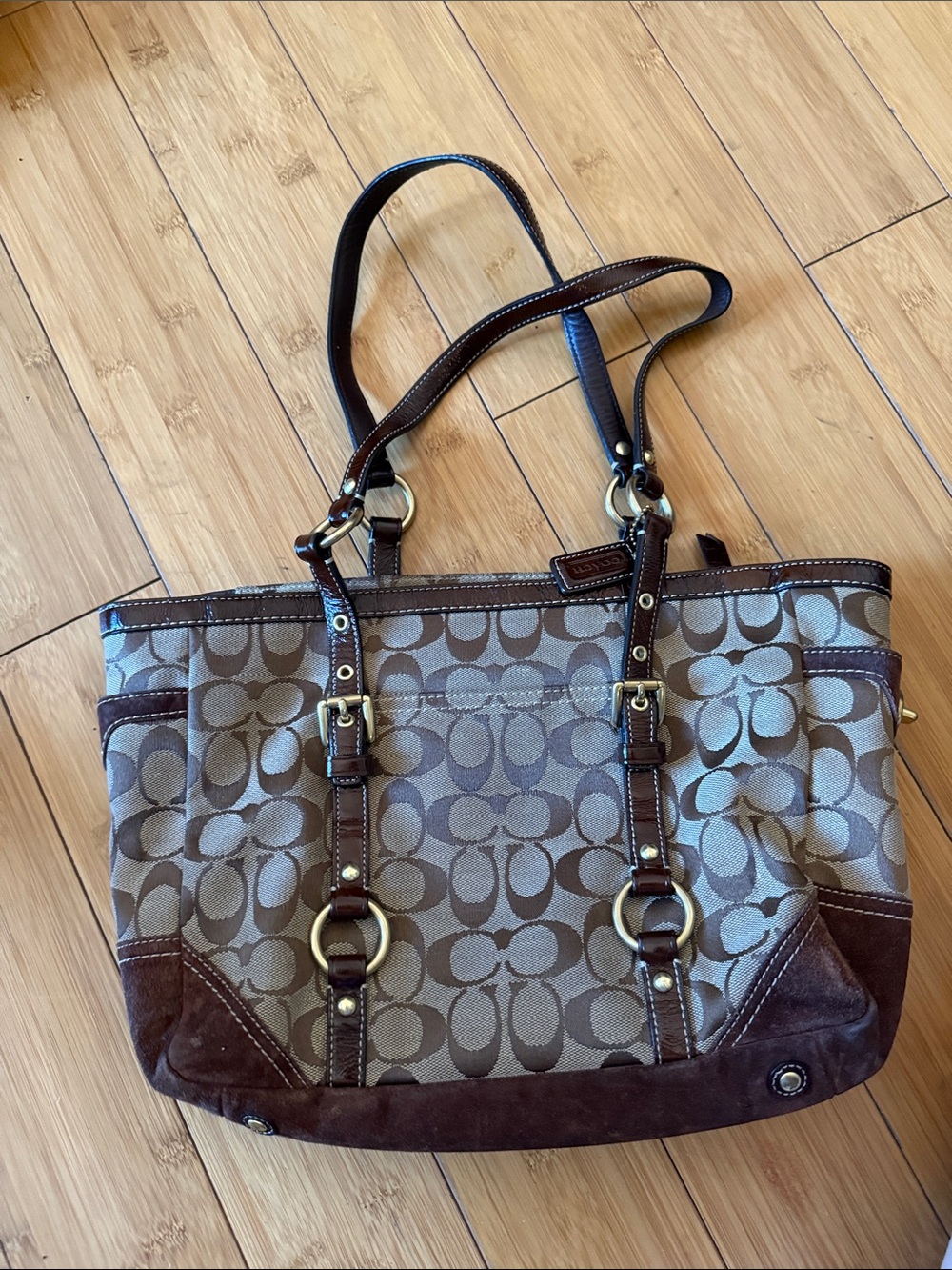 Coach Beige Signature Canvas Tote with Brown Leather Trim